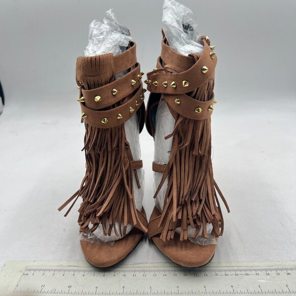 FSJ Brown Tassels Gladiator Open Toe Stiletto High Heel Fringed Rivets Sandals - Picture 3 of 8